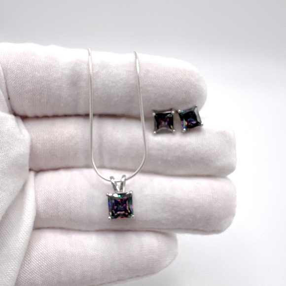 .925 Sterling Silver Rainbow Topaz Cz Necklace & Earring Set - Picture 5 of 16